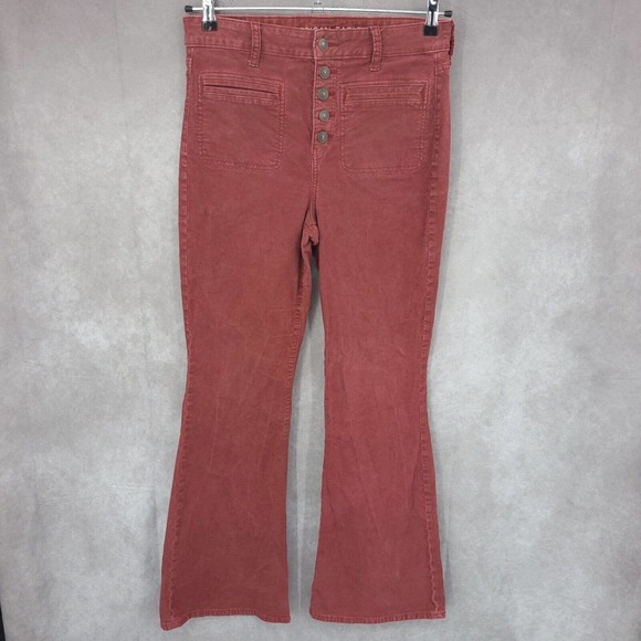 American Eagle Outfitters Denim - American Eagle Jeans Womens 10 Long Red Super Hi-Rise Flare Button Fly Stretch